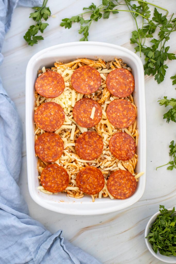cheesy baked spaghetti pizza casserole