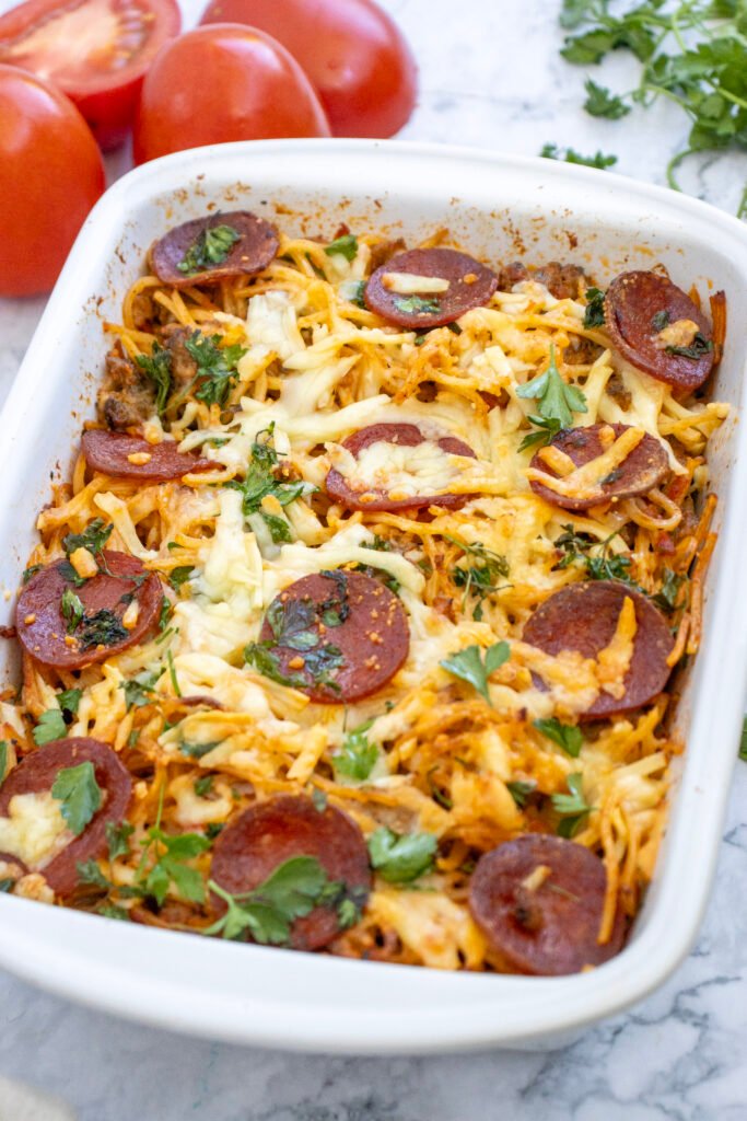 cheesy baked spaghetti pizza casserole